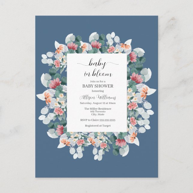 Invitation Carte Postale Elégant baby shower bleu azur (Devant)