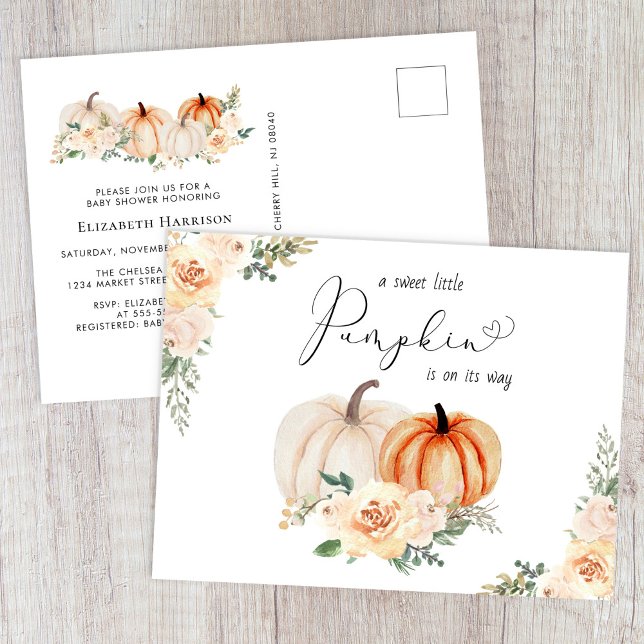 Invitation Carte Postale Elégant Baby shower Citrouille Floral Aquarelle (Créateur téléchargé)