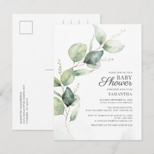 Invitation Carte Postale Élégant Baby shower de tournesol Eucalyptus Botani