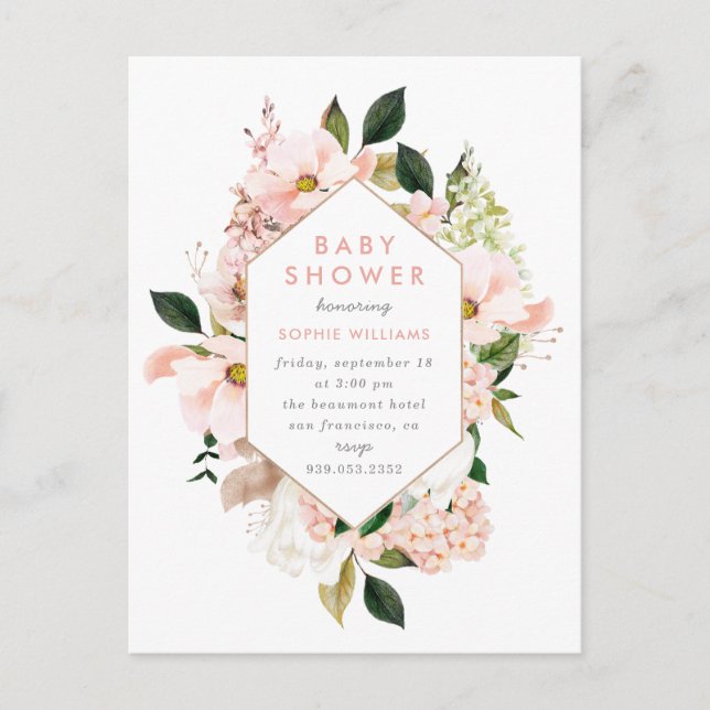 Invitation Carte Postale Elégant Baby shower floral Blush & Gold (Devant)