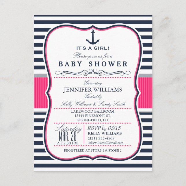 Invitation Carte Postale Elégant Baby shower nautique Invitation; Marine et (Devant)