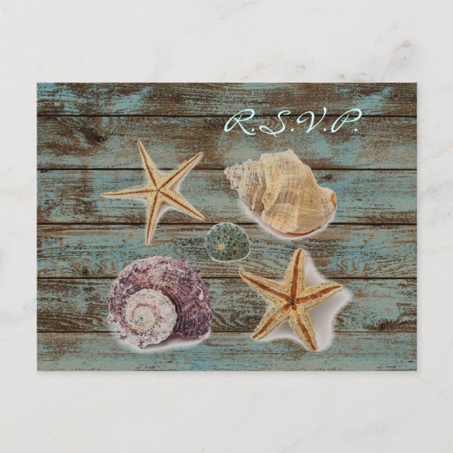 Invitation Carte Postale élégant barnwood seashs plage mariage rsvp (Devant)