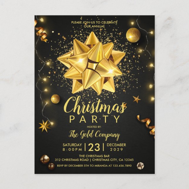 Invitation Carte Postale Élégant Black Gold Entreprise Noël (Devant)