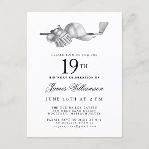 Invitation Carte Postale Elégant Black White Golf 19e fête d'anniversaire