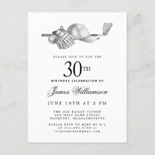 Invitation Carte Postale Elégant Black White Golf 30e fête d'anniversaire
