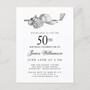 Invitation Carte Postale Elégant Black White Golf 50e fête d'anniversaire