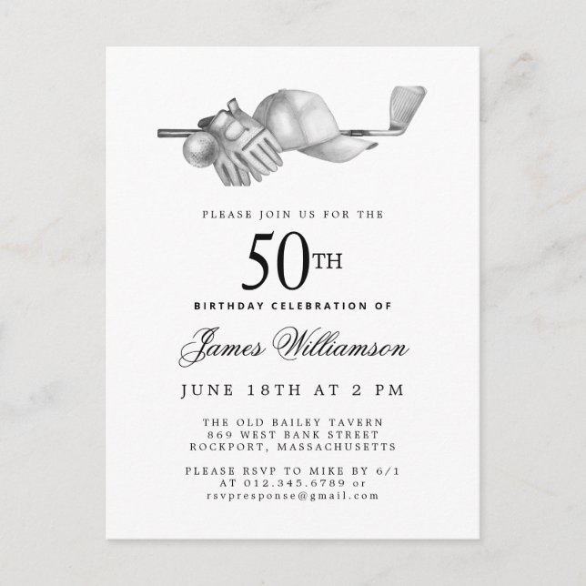 Invitation Carte Postale Elégant Black White Golf 50e fête d'anniversaire (Devant)