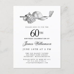 Invitation Carte Postale Elégant Black White Golf 60e fête d'anniversaire