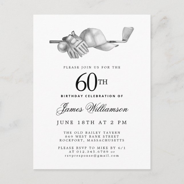 Invitation Carte Postale Elégant Black White Golf 60e fête d'anniversaire (Devant)