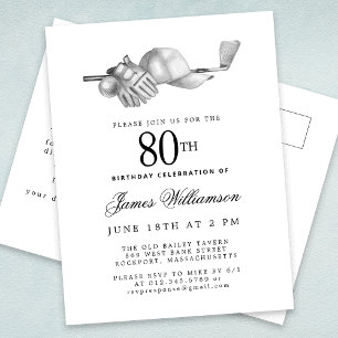 Invitation Carte Postale Elégant Black White Golf 80e fête d'anniversaire