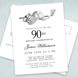 Invitation Carte Postale Elégant Black White Golf 90e fête d'anniversaire