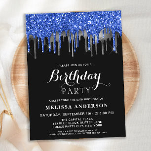 Invitation Carte Postale Elégant Bleu Argent Noir Parties scintillant Drive