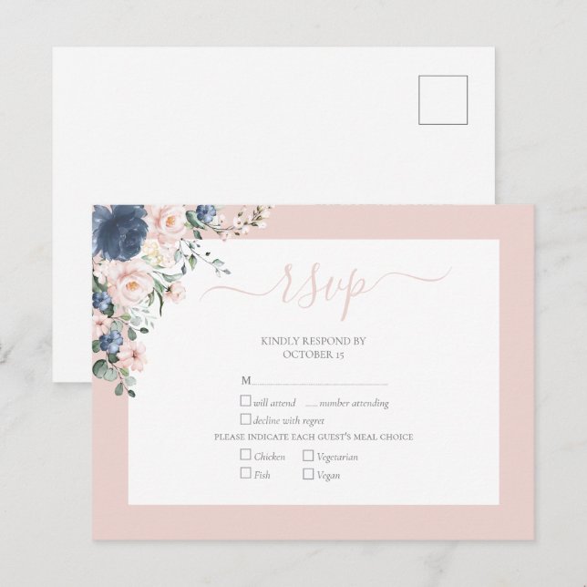 Invitation Carte Postale Elégant bleu bleu bleu bleu bleu bleu foncé RSVP (Devant / Derrière)