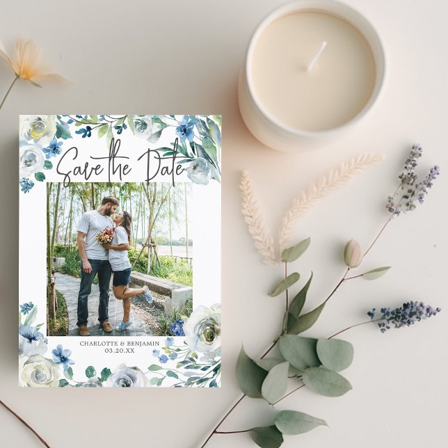 Invitation Carte Postale Elégant bleu Floral Couple Photo Enregistrer la da (Créateur téléchargé)