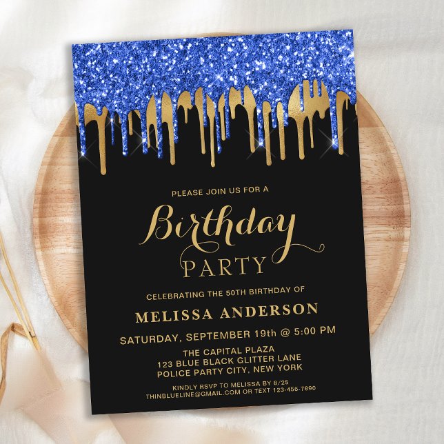 Invitation Carte Postale Elégant Bleu Gold Black Parties scintillant Drives (Créateur téléchargé)