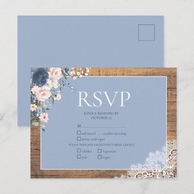 Invitation Carte Postale Élégant Bleu Poussiéreux Blush Fleurs de Mariage e (Devant / Derrière)