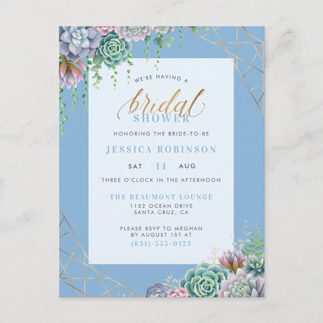 Invitation Carte Postale Elégant Blue Succulents & Gold Frame Fête des mari (Devant)