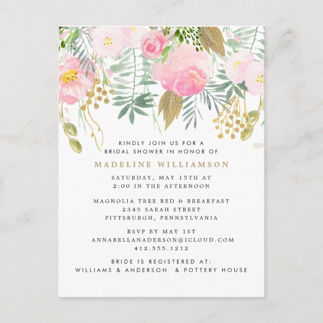 Invitation Carte Postale Elégant Blush Gold Aquarelle Fête des mariées flor (Devant)
