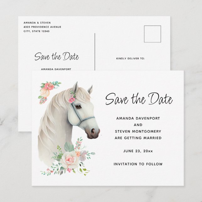 Invitation Carte Postale Élégant Boho Boho Cheval Blanc floral Enregistrer  (Devant / Derrière)