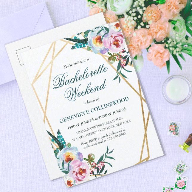 Invitation Carte Postale Élégant Boho Floral Bachelorette Week-end Itinérai (PRETTY BLUE BOHO FLORAL BACHELORETTE WEEKEND INVITATION POSTCARD WITH ITINERARY)