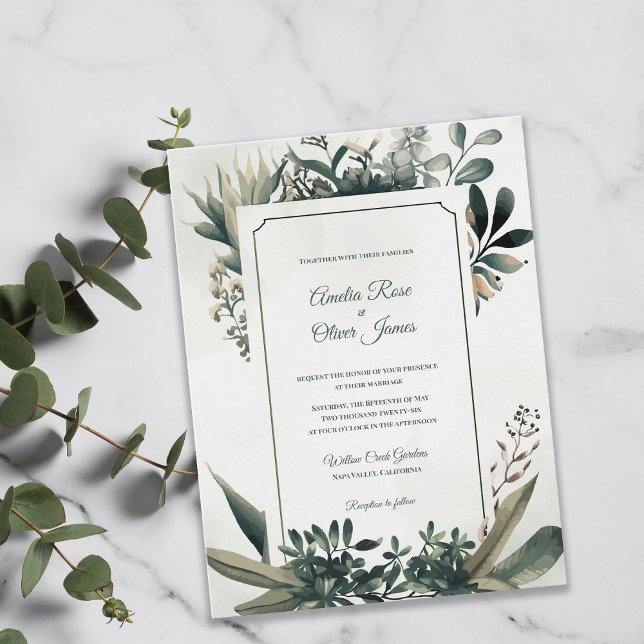 Invitation Carte Postale Elegant Botanical Sage Green Greenery Wedding (Elegant Botanical Greenery Wedding Invitation | Sage Green Frame Garden Wedding Invite)