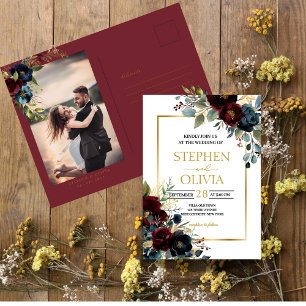 Invitation Carte Postale Élégant Bourgogne Floral Floroms & mariage de verd
