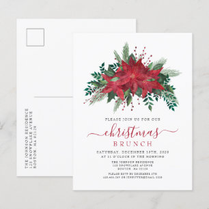 Invitation Carte Postale Élégant Brunch de Noël Rouge Poinsettia
