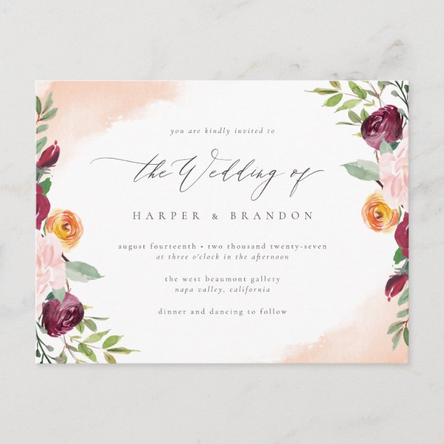 Invitation Carte Postale Élégant Burgundy Blush Floral Mariage (Devant)