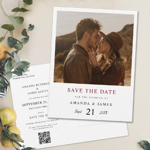 Invitation Carte Postale Elégant Burgundy Photo Wedding Enregistrer la date