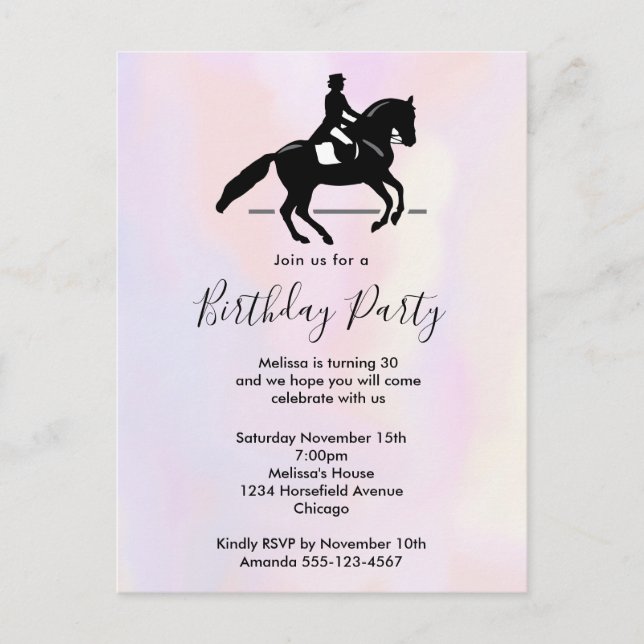 Invitation Carte Postale Elégant cavalier de Dressage sur aquarelle Anniver (Devant)