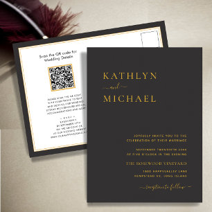 Invitation Carte Postale Élégant code QR noir tout en un Mariage moderne