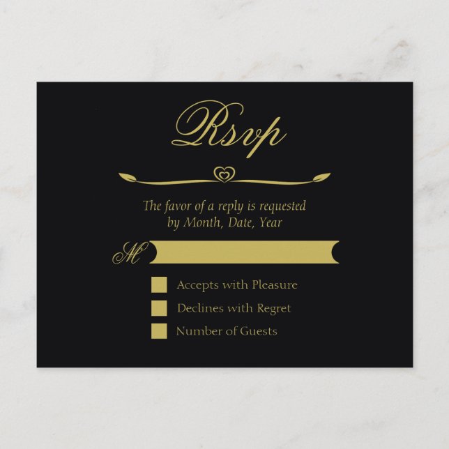 Invitation Carte Postale Élégant coeur noir et or fleurit RSVP (Devant)