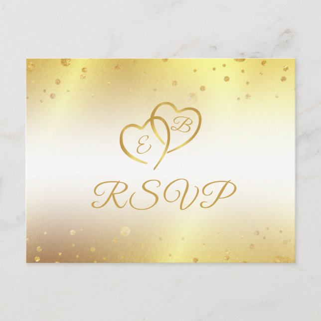 Invitation Carte Postale Elégant Coeurs de Monogramme Faux métal or RSVP (Devant)