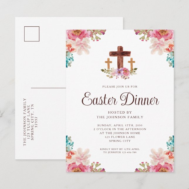 Invitation Carte Postale Elégant dîner de Pâques de la Croix Florale (Devant / Derrière)