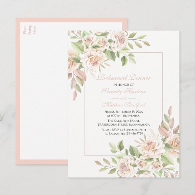 Invitation Carte Postale Élégant dîner de répétition florale rose rose Rose (Devant / Derrière)