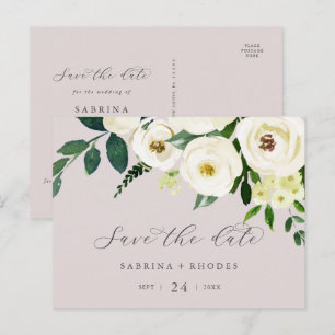 Invitation Carte Postale Élégant floral blanc   Blush Mauve Enregistrer la 