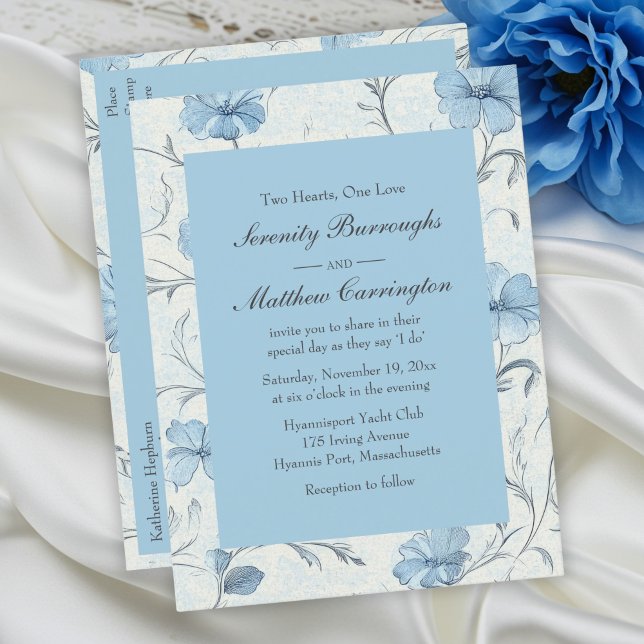 Invitation Carte Postale Elégant Floral Dusty Bleu Pays Jardin Mariage (Créateur téléchargé)