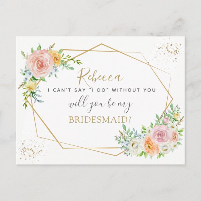 Invitation Carte Postale Elégant Floral et or BRIDESMAID proposition (Devant)