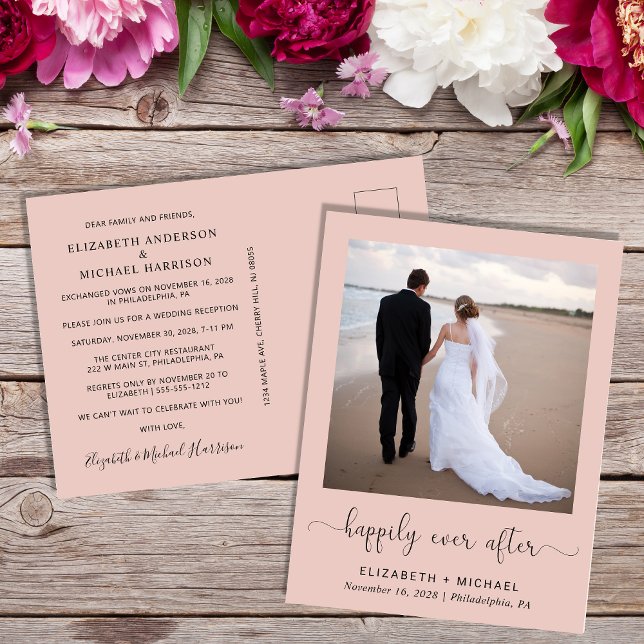 Invitation Carte Postale Elégant Heureusement Jamais Après Photo Mariage Ré (Créateur téléchargé)