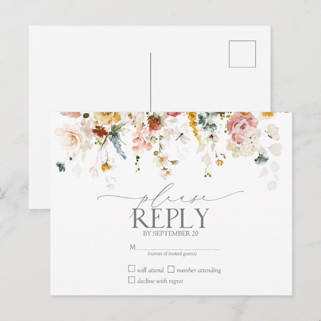 Invitation Carte Postale Elégant Jardin Fleurs Aquarelle Florale RSVP (Devant / Derrière)