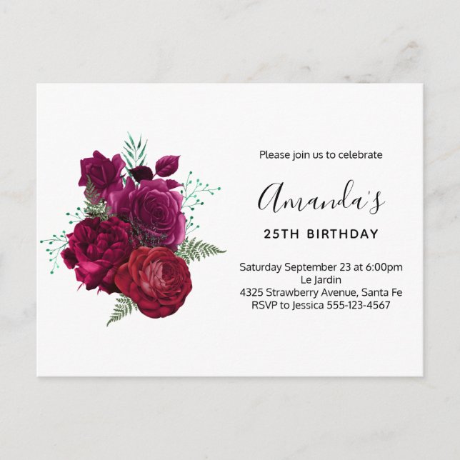 Invitation Carte Postale Elegant Magenta Rose Floral Bouquet (Devant)