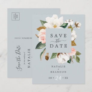 Invitation Carte Postale Elégant Magnolia Blue Grey Enregistrer la date Car
