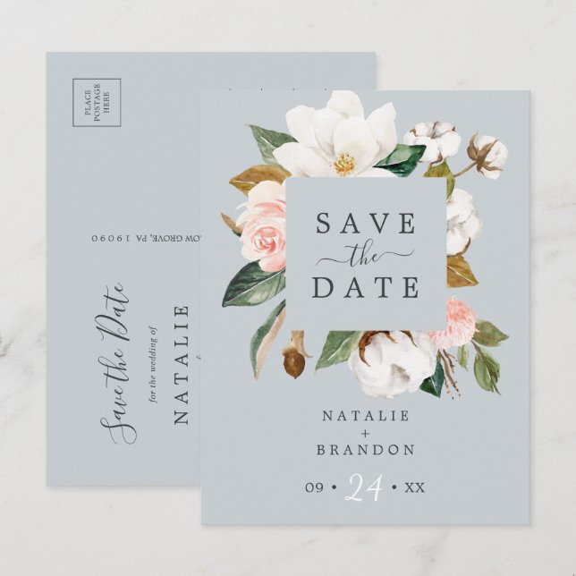 Invitation Carte Postale Elégant Magnolia Blue Grey Enregistrer la date Car (Devant / Derrière)