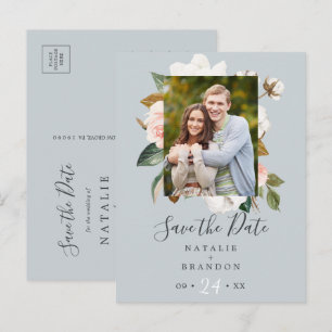 Invitation Carte Postale Élégant Magnolia   Blue Grey Photo Enregistrer la 