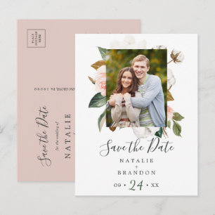 Invitation Carte Postale Élégant Magnolia Photo blanche Enregistrer la da
