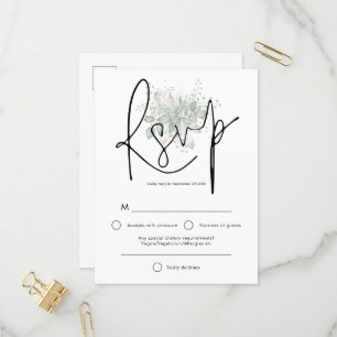Invitation Carte Postale Élégant mariage à script noir Sage Foliage RSVP