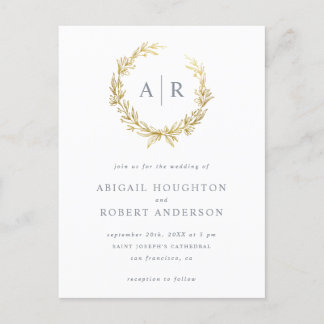 Invitation Carte Postale Élégant Mariage des initiales de la couronne d'or 