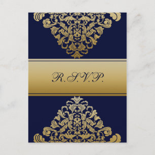 Invitation Carte Postale Élégant Mariage d'or de la marine Filigree