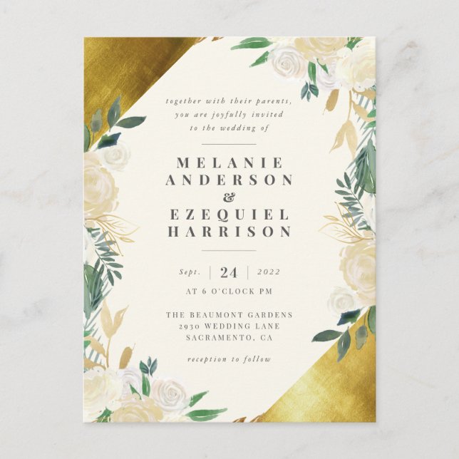 Invitation Carte Postale Élégant Mariage floral géométrique or (Devant)