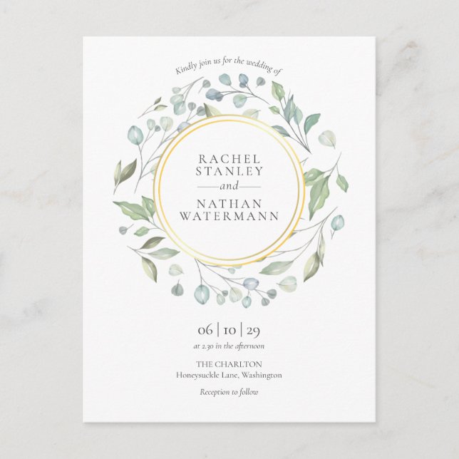 Invitation Carte Postale Élégant Mariage moderne de verdure Garland Gold (Devant)